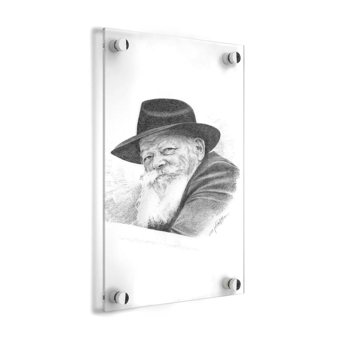 Lubavitcher Rebbe Gadol pencil sketch portrait mounted on acrylic wall art panel with silver hardware, 16x20 inches.