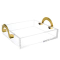 Luxe Square Tray with clear acrylic base and brass gold metal handles for elegant serveware and Shabbat entertaining.