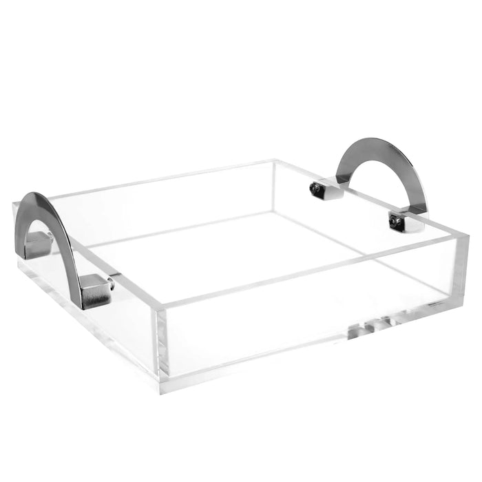 Luxe Square Tray in clear lucite with silver metal handles, perfect for Shabbat and holiday entertaining.