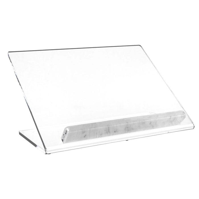 Clear acrylic Luxe Tabletop Shtender with marble-textured base, angled design for reading religious texts and books