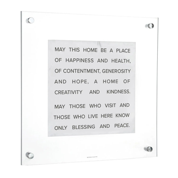 Marble Birchas Habayis wall art with English blessing text in gray stone finish, mounted on white background with metal corners for home decor.