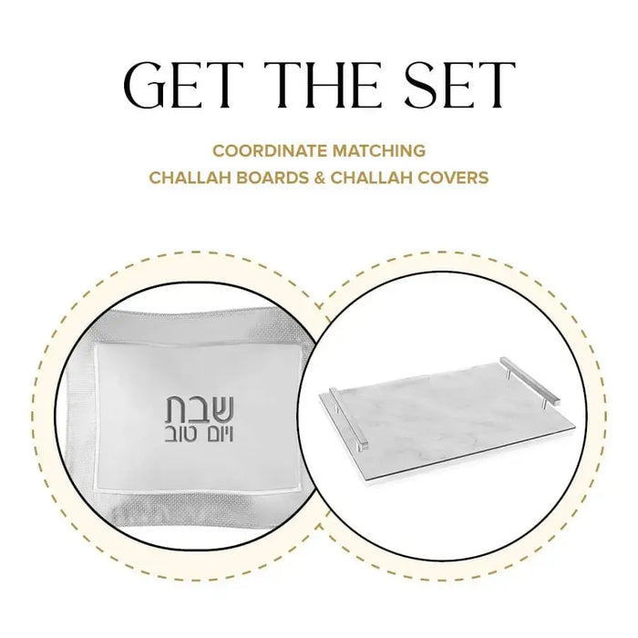 Marble Challah Board & Cover Set by Waterdale Collection featuring a round marble board and white fabric cover displayed together.