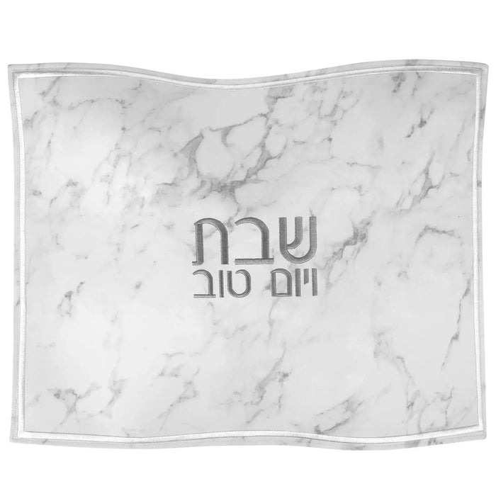 Marble Challah Cover in white and gray stone pattern with silver Hebrew text, leather Shabbat table covering by Waterdale Collection