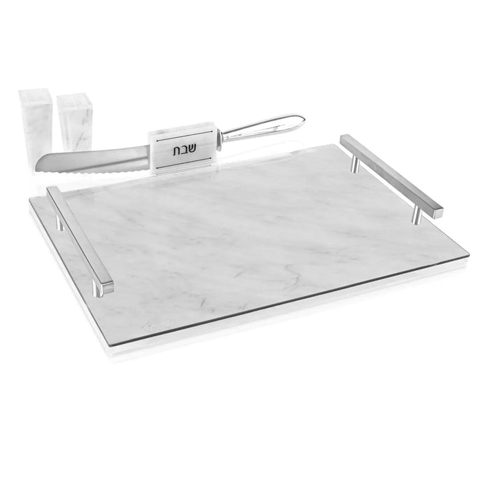 Marble Challah Board and Cover Set by Waterdale Collection featuring a white marble board with matching cover and bread knife.