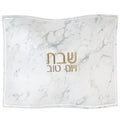 Marble Challah Cover with gold Hebrew text on white and gray veined leather from Waterdale Collection for Shabbat.