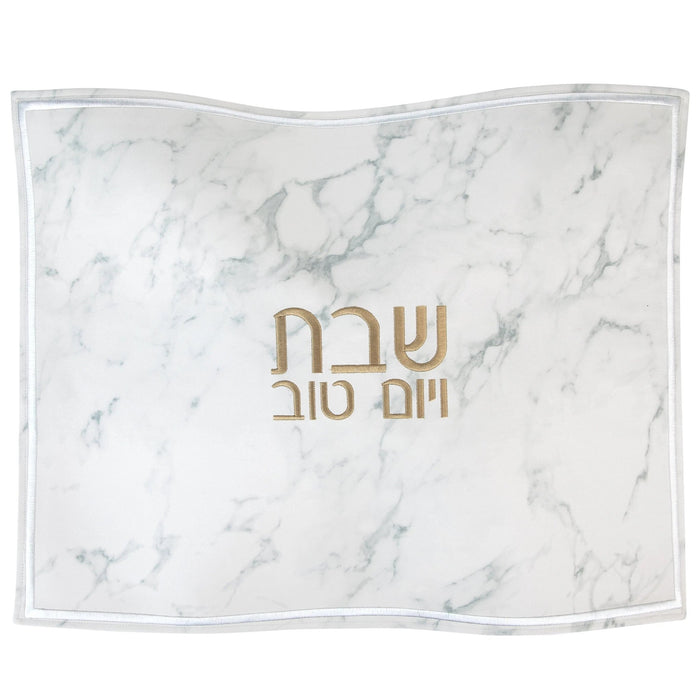 Marble Challah Cover with gold Hebrew text on white and gray veined leather from Waterdale Collection for Shabbat.