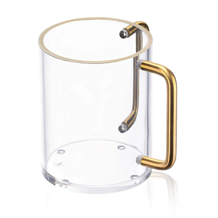Clear glass washing cup with brushed gold metal handle and rim, elegant design for bathroom or tabletop display.