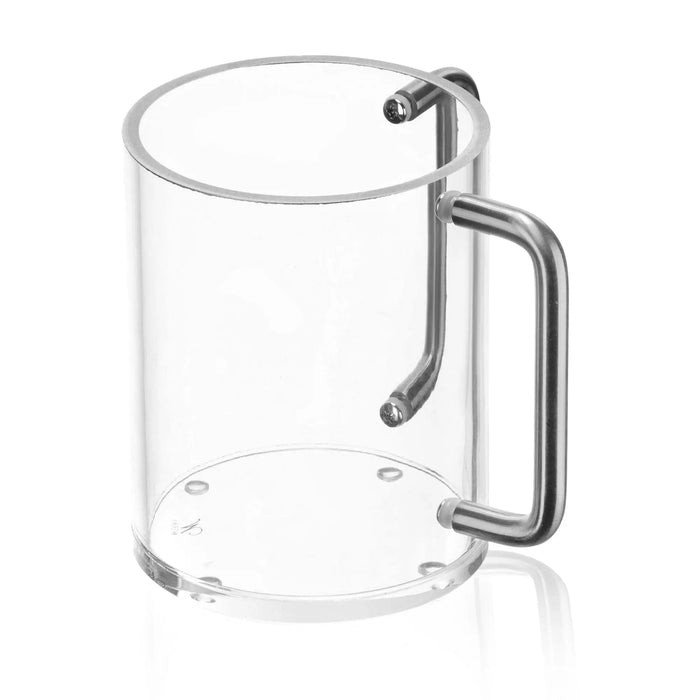 Clear glass washing cup with metallic silver handle and rim, displayed against white background from side angle view.