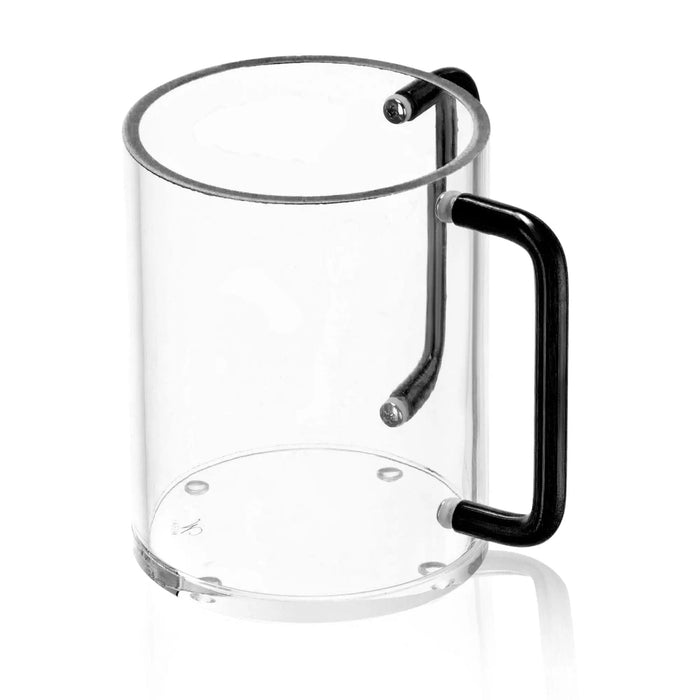 Clear glass washing cup with black metallic handle and rim, displayed against white background, ideal for bathroom or Pesach use.