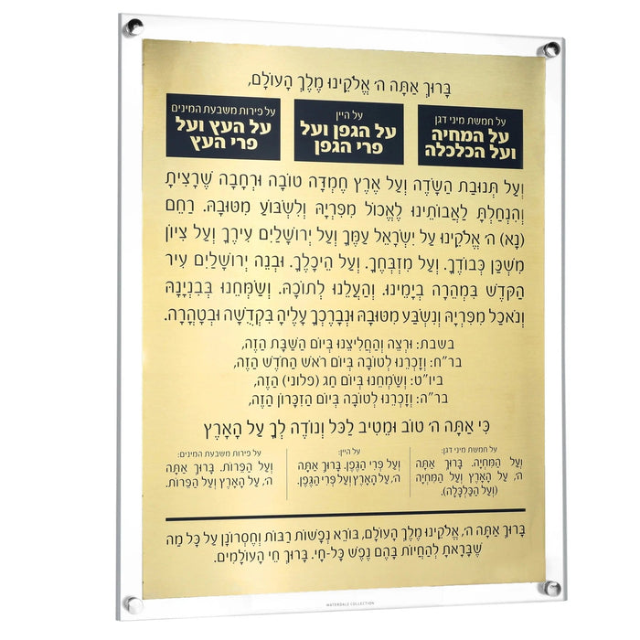 MetaLucite Al Hamichyah wall art in gold and silver metal frame displaying Hebrew blessings text for home decor.