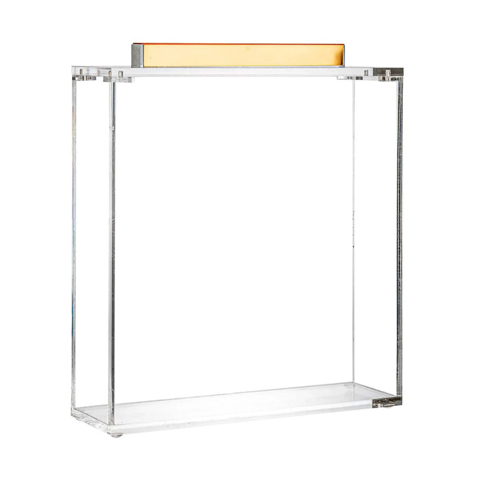 MetaLucite square matzah box with clear acrylic sides and brushed metal top frame, modern Pesach tabletop storage.