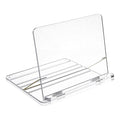 Clear acrylic tabletop shtender with metal base and horizontal book holders for reading religious texts during prayer or study.