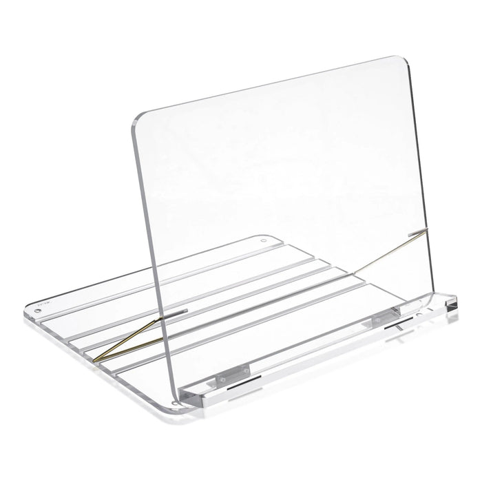 Clear acrylic tabletop shtender with metal base and horizontal book holders for reading religious texts during prayer or study.