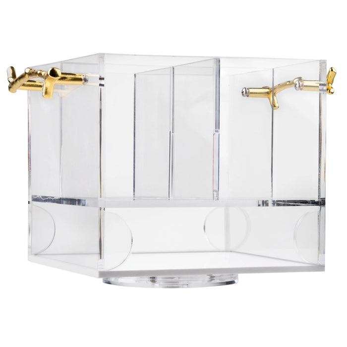 MetaLucite Twig Swivel Silverware Caddy with clear acrylic body, gold-tone metal twig handles, and rotating base for organizing flatware and table settings.