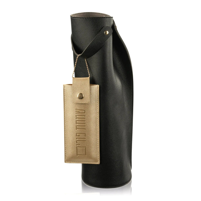 Black leather wine bag by Waterdale Collection with tan woven detail and carrying handle, perfect for wine storage and gifting