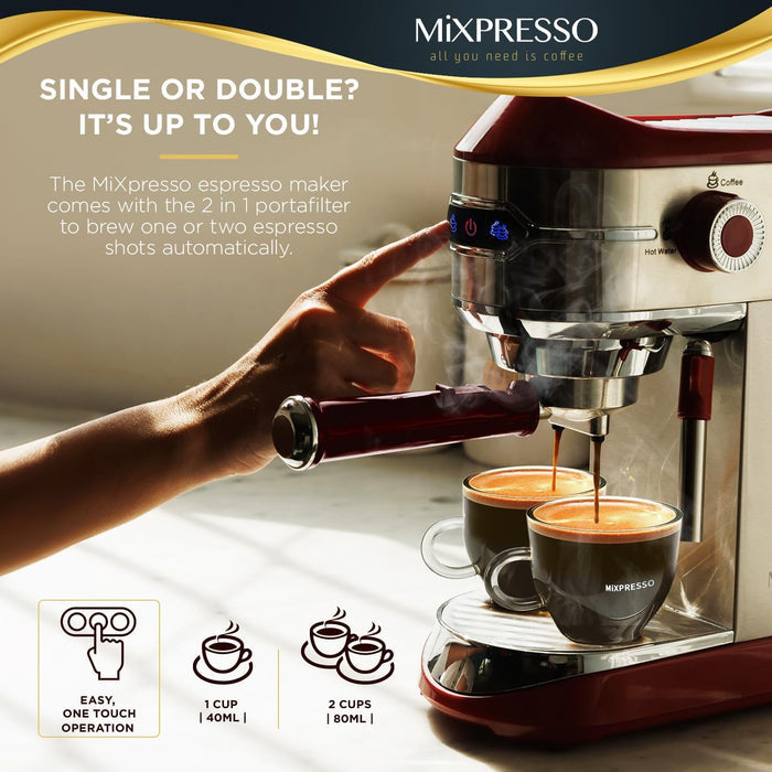 Mixpresso 15-Bar Automatic Espresso Machine with Milk Frother, 37 Oz, Red