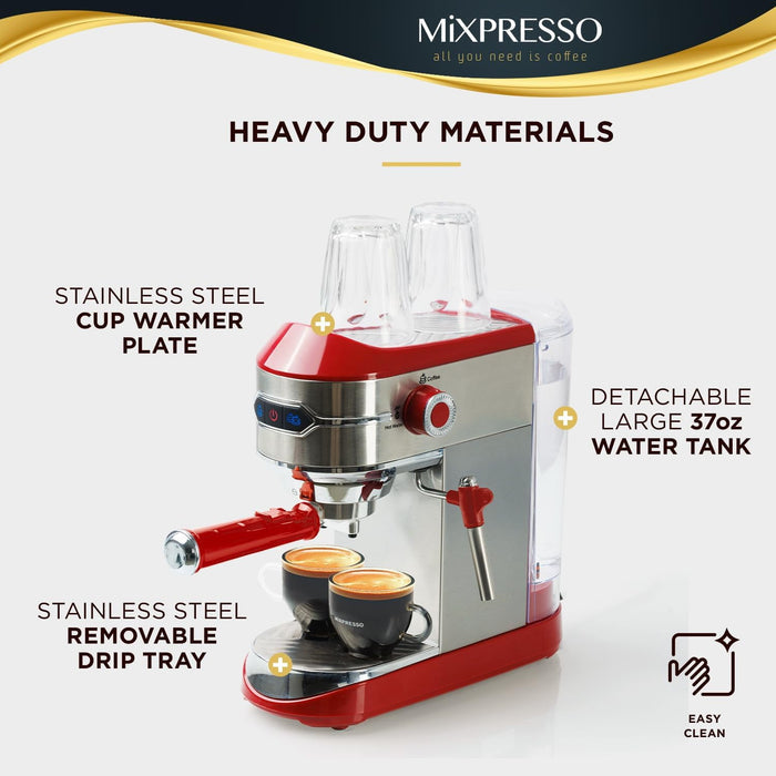 Mixpresso 15-Bar Automatic Espresso Machine with Milk Frother, 37 Oz, Red