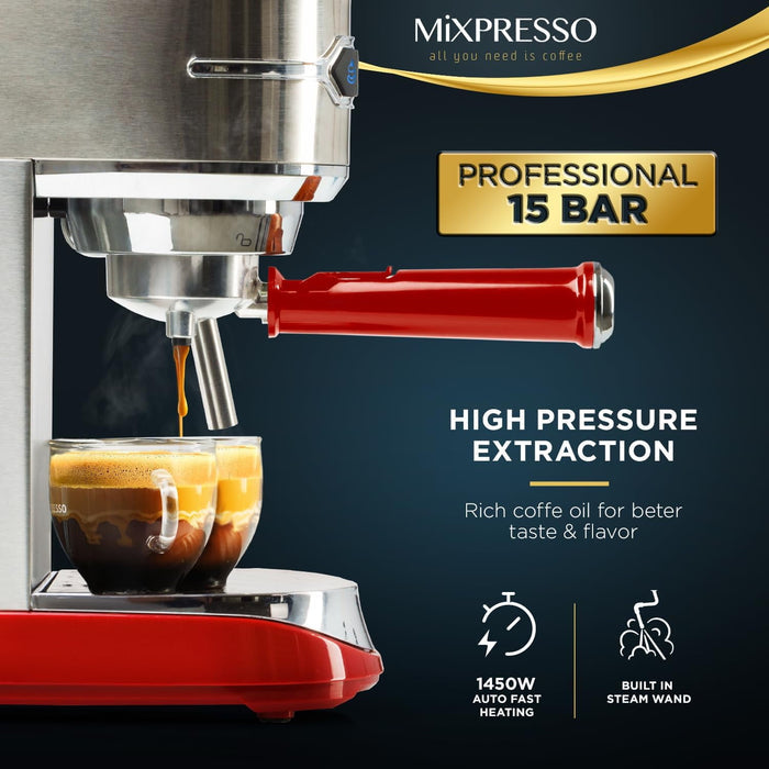 Mixpresso 15-Bar Automatic Espresso Machine with Milk Frother, 37 Oz, Red