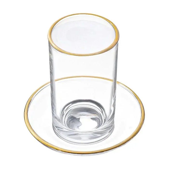 Clear glass kiddush cup with gold rim on matching saucer, modern design by Waterdale Collection