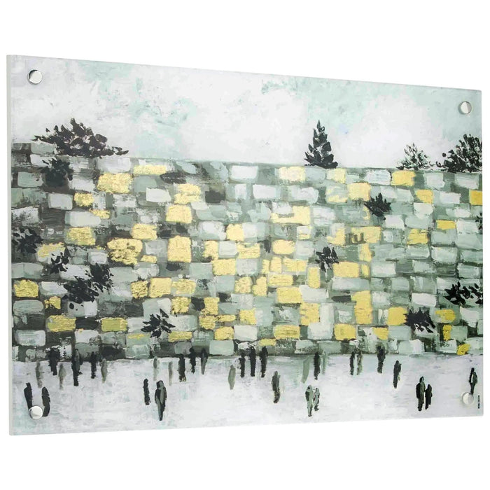 Modern Kosel Painting depicting Jerusalem's Western Wall with golden stone blocks and figures below, watercolor style wall art for home or corporate decor.
