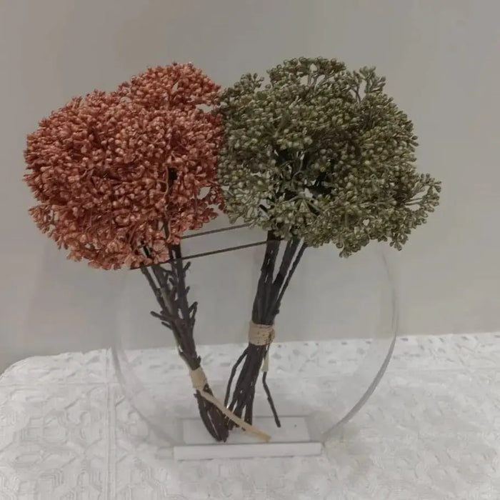 Clear glass modern vase with rust and sage green dried flower arrangements, perfect for home decor or gifting.