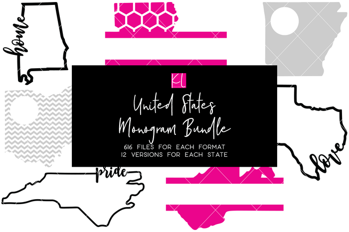 50 State Bundle with 4 Pattern Options Including 4 Circle Monograms, 4 Split Monograms, 3 Outlines with Home, Love, Pride, Bonus Words and Heart for Each State - Great for Decals, Shirts and Home Decor | SVG DXF PNG Cut Files