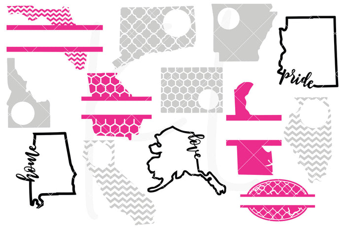 50 State Bundle with 4 Pattern Options Including 4 Circle Monograms, 4 Split Monograms, 3 Outlines with Home, Love, Pride, Bonus Words and Heart for Each State - Great for Decals, Shirts and Home Decor | SVG DXF PNG Cut Files