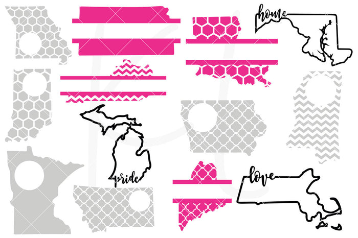 50 State Bundle with 4 Pattern Options Including 4 Circle Monograms, 4 Split Monograms, 3 Outlines with Home, Love, Pride, Bonus Words and Heart for Each State - Great for Decals, Shirts and Home Decor | SVG DXF PNG Cut Files