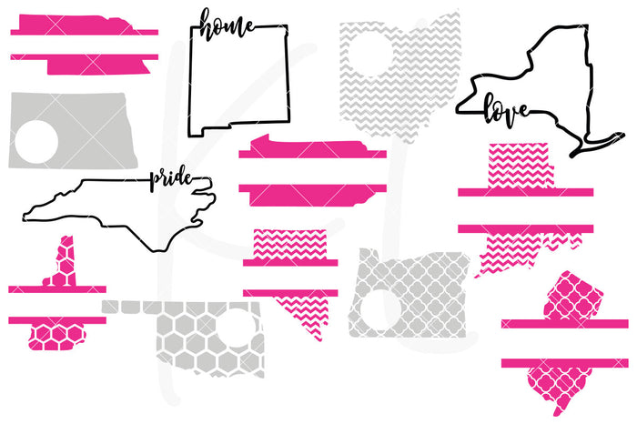 50 State Bundle with 4 Pattern Options Including 4 Circle Monograms, 4 Split Monograms, 3 Outlines with Home, Love, Pride, Bonus Words and Heart for Each State - Great for Decals, Shirts and Home Decor | SVG DXF PNG Cut Files