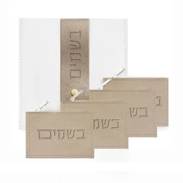 Tan leatherette multi pack besamim pouches with Hebrew text labels, arranged flat to show packaging design for Shabbat and holiday gifting.