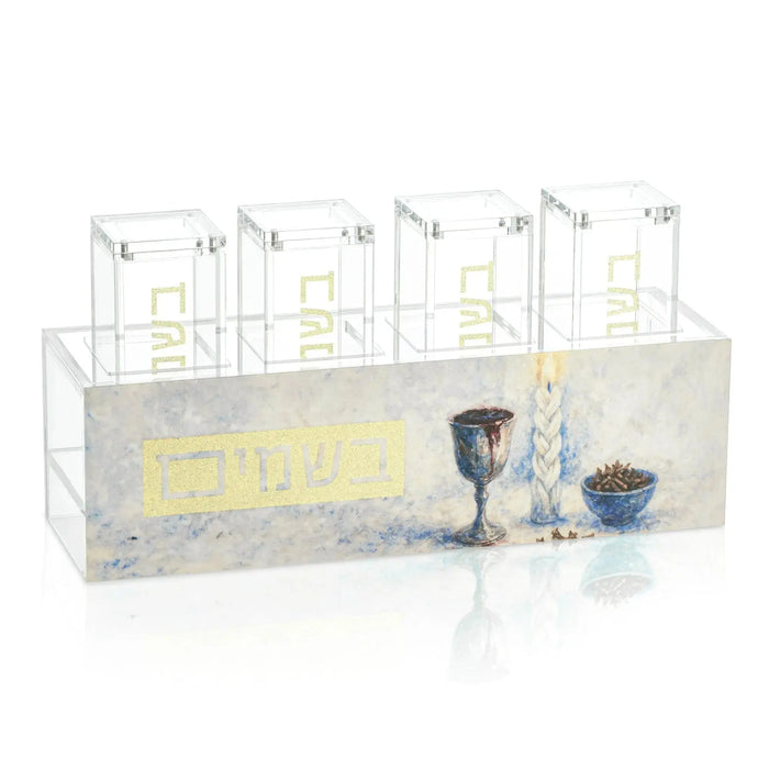 Four painted besamim jars with metal spice towers displayed on white background, classic Judaica match holders for Shabbat and table decor.