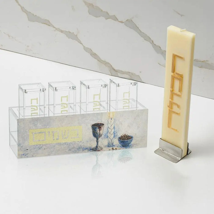 Waterdale Collection painted besamim jars match holder set in cream and gold displayed on marble surface with matching stand.
