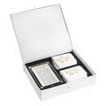 White Netilas Yadayim gift box open showing guest towels, cards, and holder set for hand washing rituals.