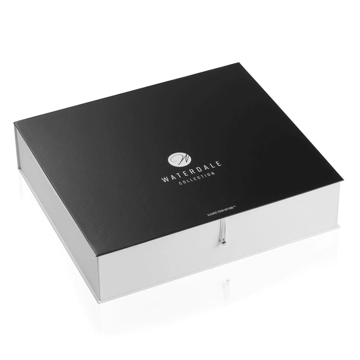 Netilas Yadayim gift box by Waterdale Collection with black lid and white base, containing guest towels for Shabbat rituals.