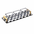 Onyx 3 Sectional Dip Bowl Set with black and white checkered tray, featuring three glass bowls with gold handles for serving dips and appetizers.
