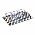 Onyx 6 sectional dip bowl set with black and white checkered pattern serveware tray and individual serving bowls.