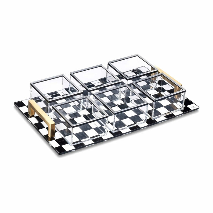 Onyx 6 sectional dip bowl set with black and white checkered pattern serveware tray and individual serving bowls.