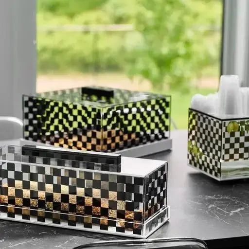 Onyx black and gold checkered cake dome with clear dome lid displayed on countertop near window, Waterdale Collection serveware