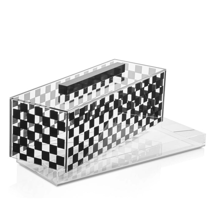 Onyx Cake Dome with black and white checkered pattern and clear acrylic dome top, elegant serveware for tabletop display and serving.