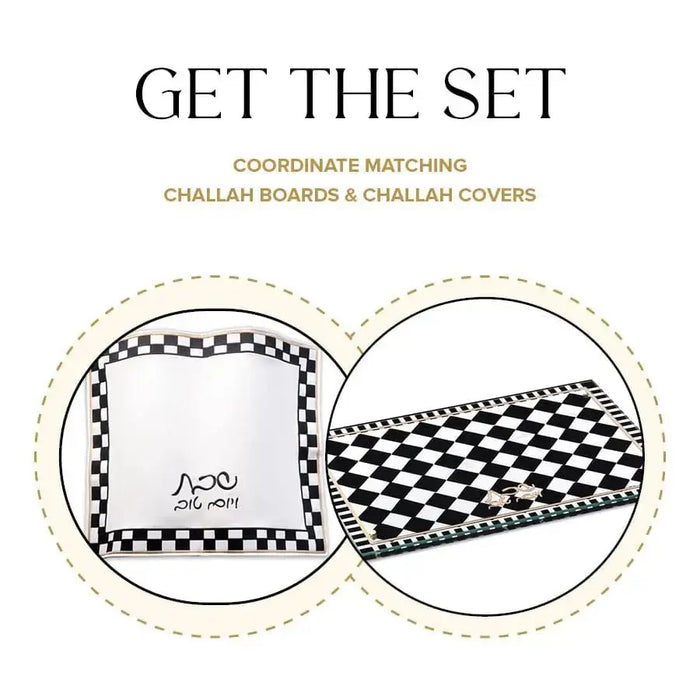 Onyx Challah Board & Cover Set by Waterdale Collection featuring black and white checkered pattern on square board and matching fabric cover.