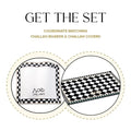Onyx Challah Board & Cover Set by Waterdale Collection featuring black and white checkered pattern on square board and matching fabric cover.
