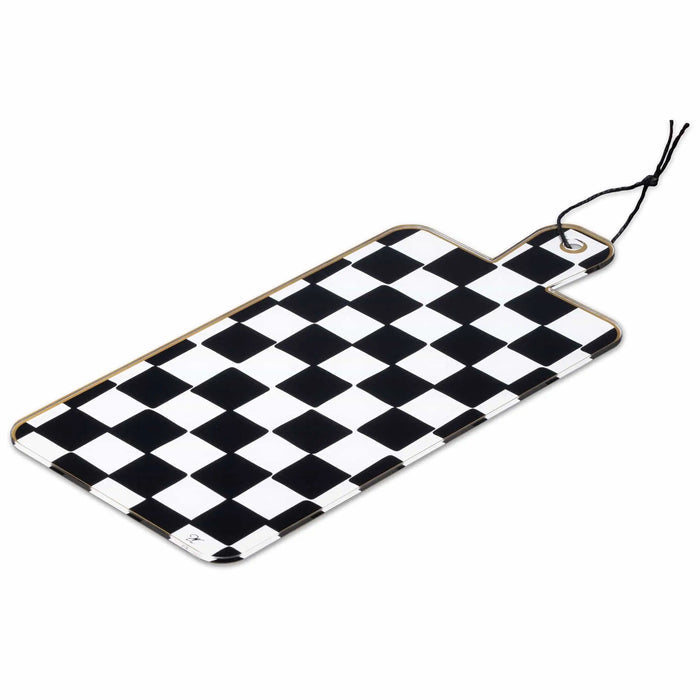 Onyx Charcuterie Board with black and white checkered diamond pattern and rope handles, ideal for serving and entertaining.