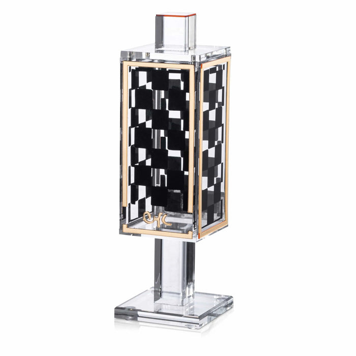 Onyx Hadlokas Neiros Set with black and gold checkered pattern candlestick holder on chrome stand by Waterdale Collection