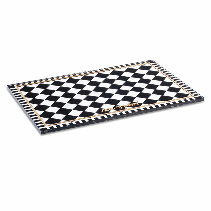 Onyx Hadlokas Neiros tray with black and white checkered pattern for Shabbat candle lighting
