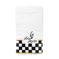 Onyx Hand Towel with black and white checkered border detail on white background by Waterdale Collection.