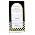 Onyx Kiddush Card in black lucite with gold checkered border design, 5x8 inches, displayed in packaging for Shabbat prayers.