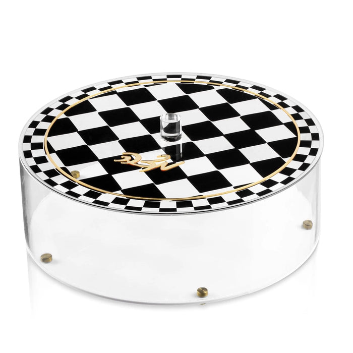 Onyx and white checkered matzah box with lucite base for Pesach seder table display