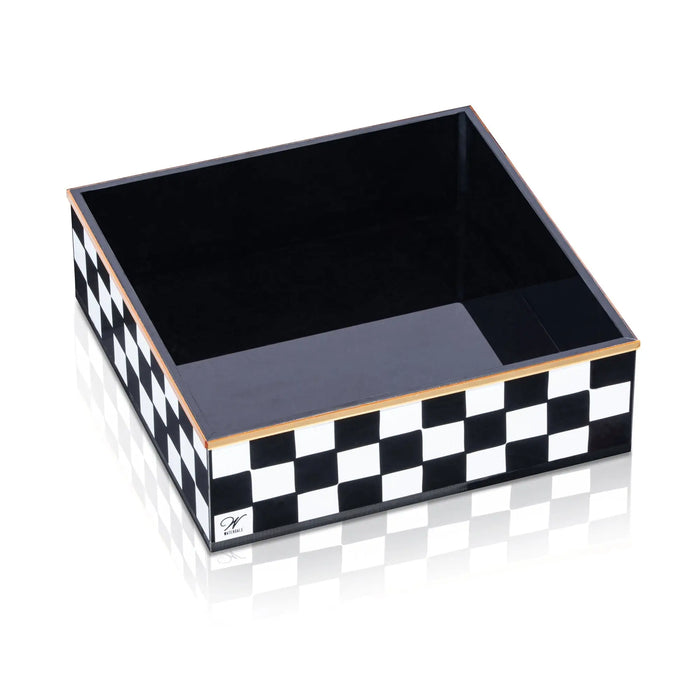 Onyx Napkin Holder with black and white checkered pattern design and black interior compartment for tabletop use.