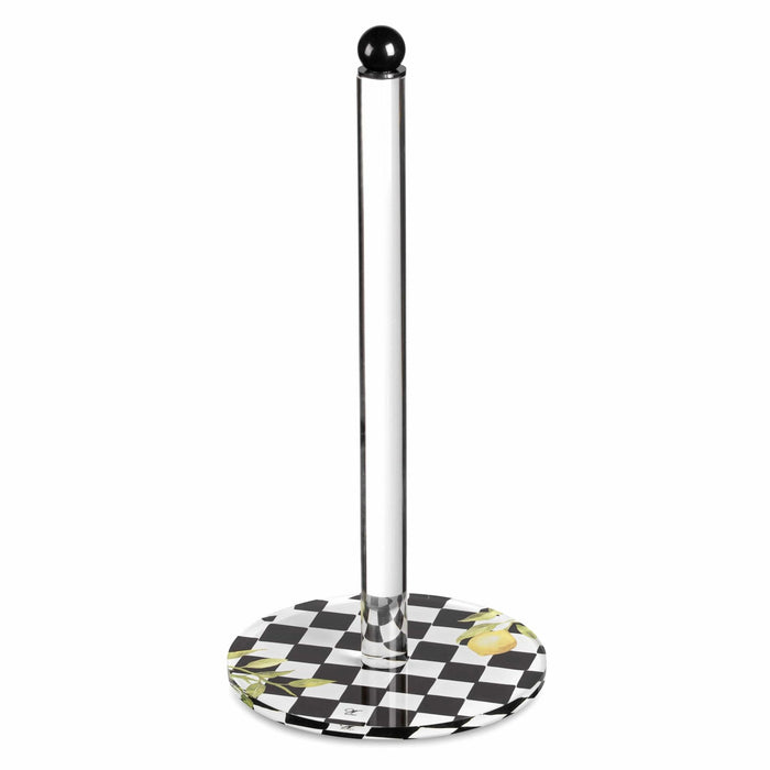 Onyx Paper Towel Holder with black and white checkered base and tall metal stand from Waterdale Collection