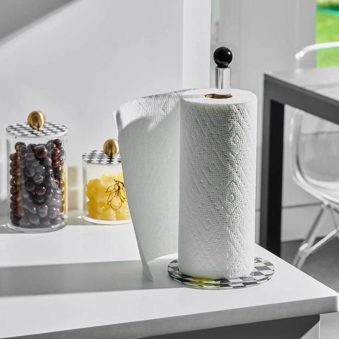 Onyx Paper Towel Holder in white quilted design standing on kitchen counter next to glass containers and soap dispenser